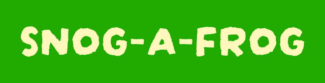 SNOG-A-FROG logo. Chunky pale yellow letters on a bright green background.